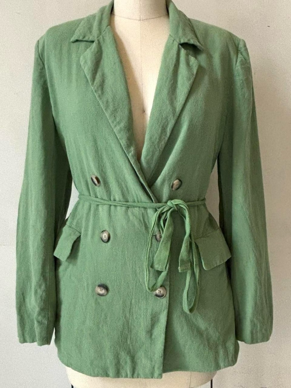 Free People Sage Green Double-Breasted Belted Blazer